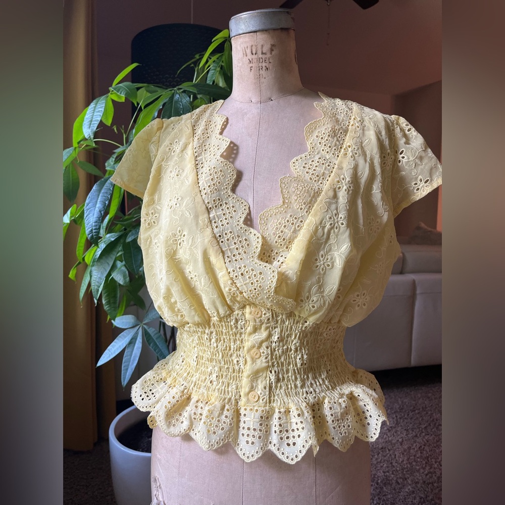 Yellow Eyelet Lace Women's Top